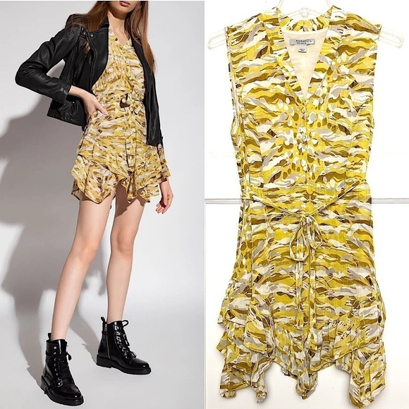 ALLSAINTS Chiffon Sleeveless Tie Waist Button Up Asymmetric Tier Ruffle Dress 2 - Picture 1 of 8